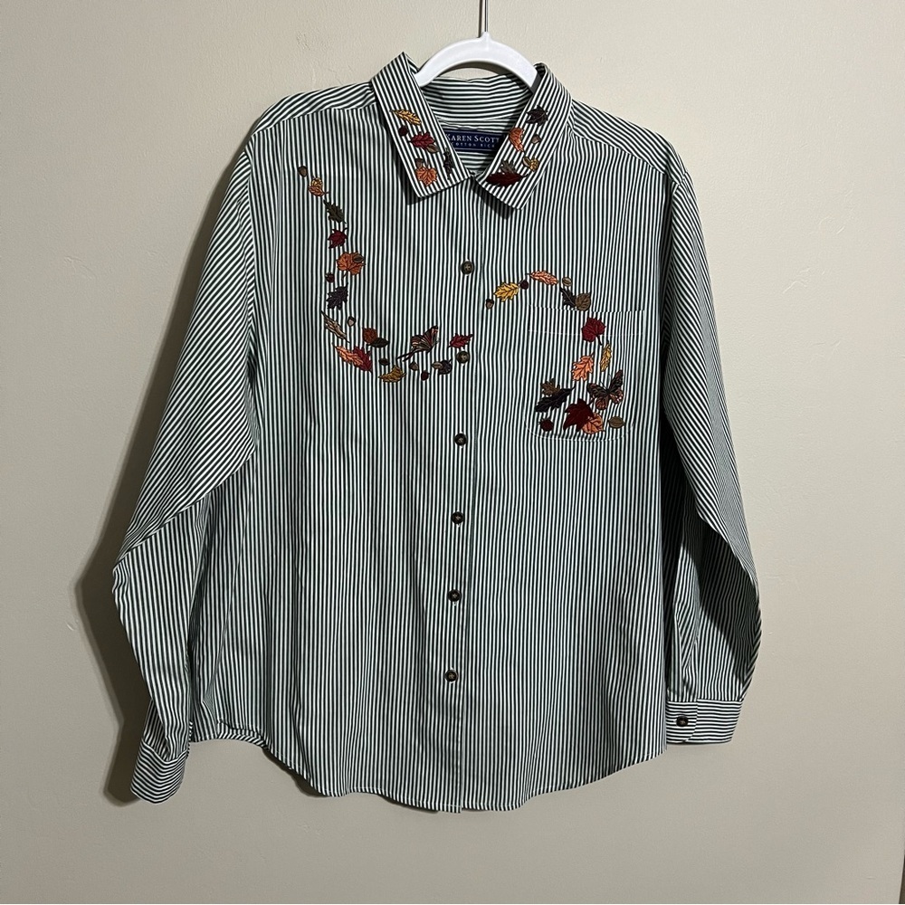 Karen Scott Striped Embroidered Fall Autumn Leaves Button Down Blouse size XL